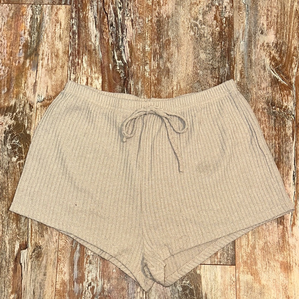 Beige Ribbed Knit Shorts